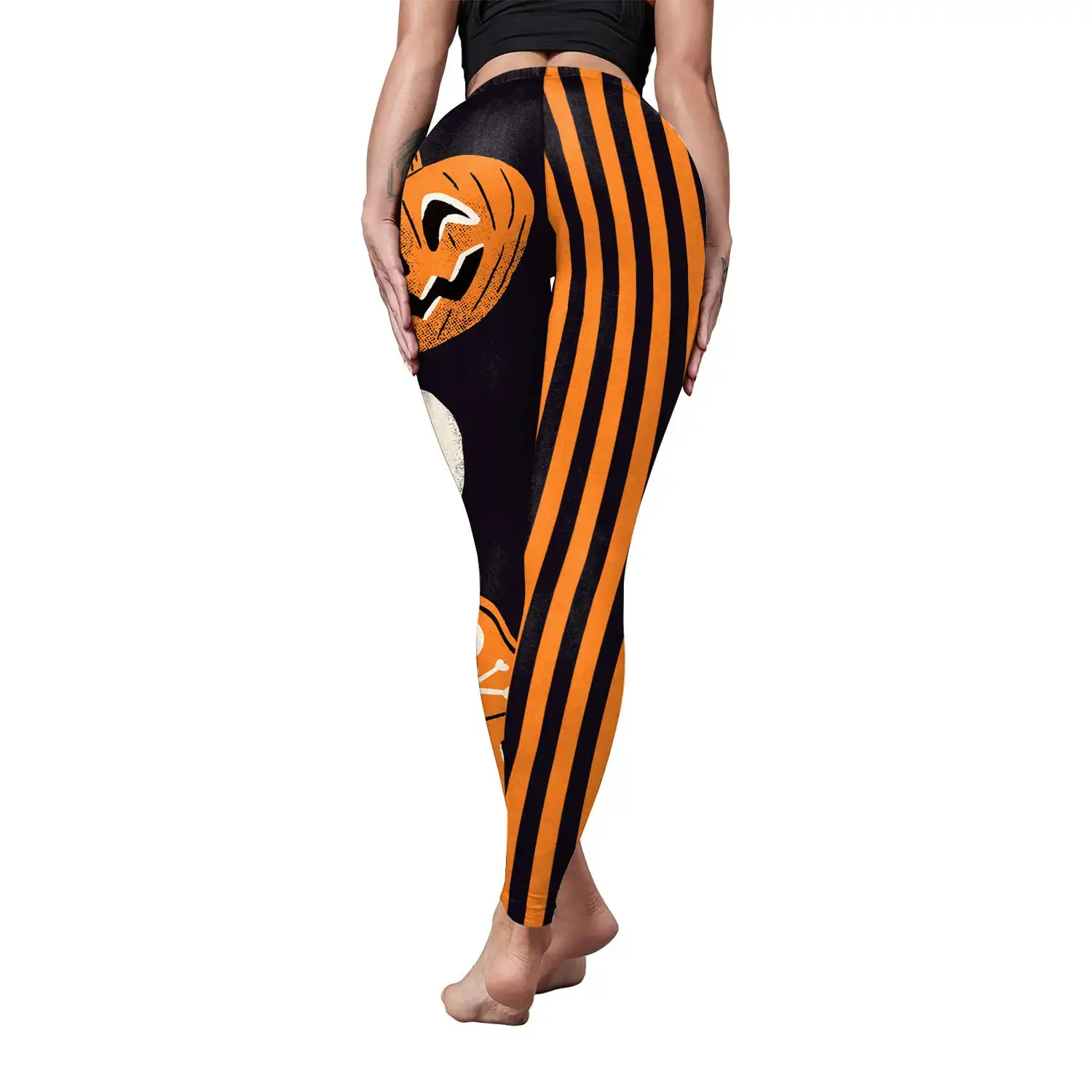 Women's Orange Black Striped Yoga Leggings with Boot - Image 8