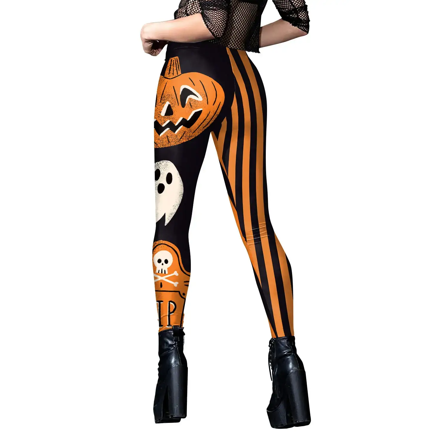Women's Orange Black Striped Yoga Leggings with Boot - Image 9