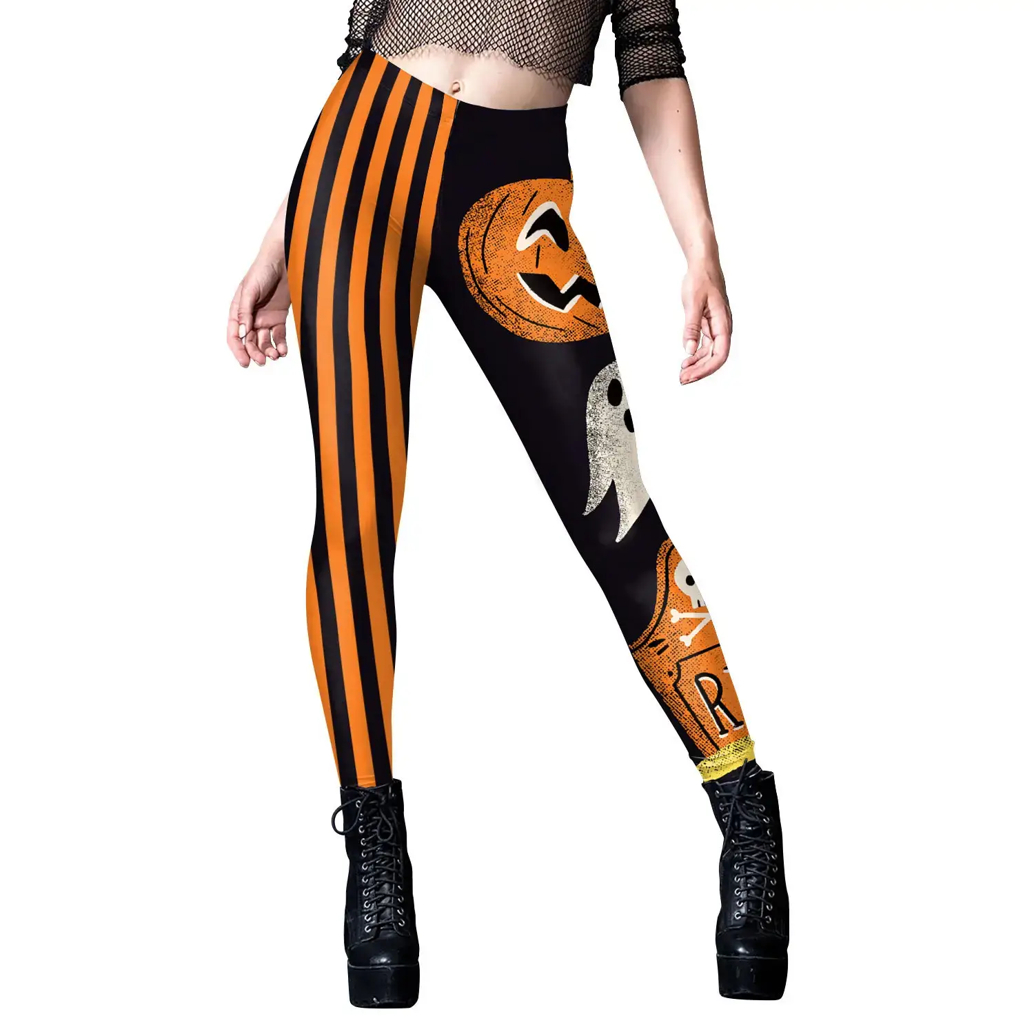 Women's Orange Black Striped Yoga Leggings with Boot - Image 10