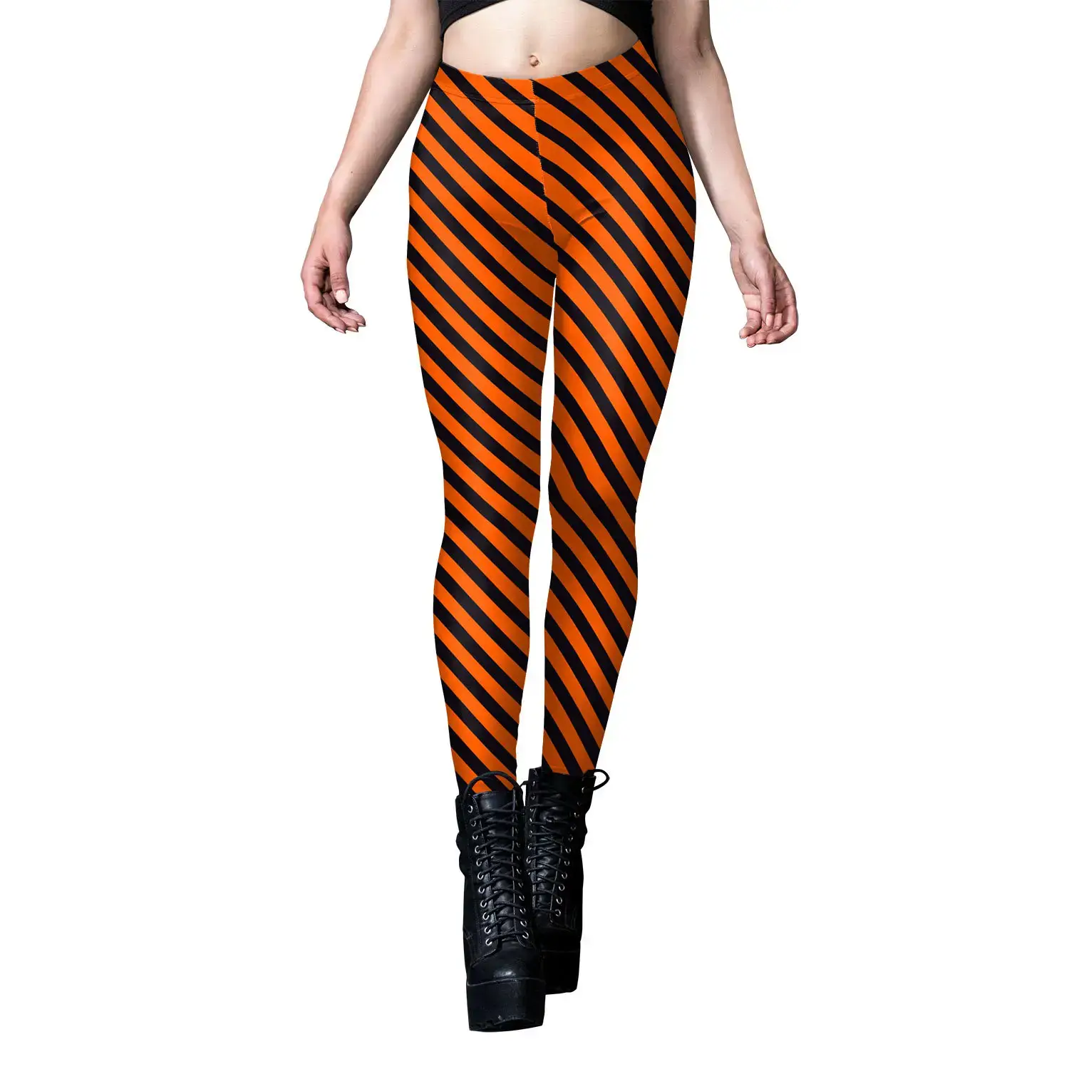Women's Orange Black Striped Yoga Leggings with Boot - Image 2