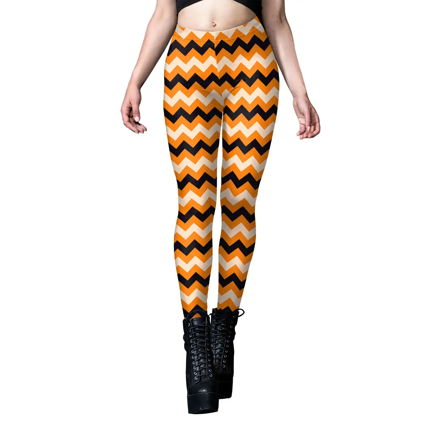 Women's Orange Black Striped Yoga Leggings with Boot - Image 3