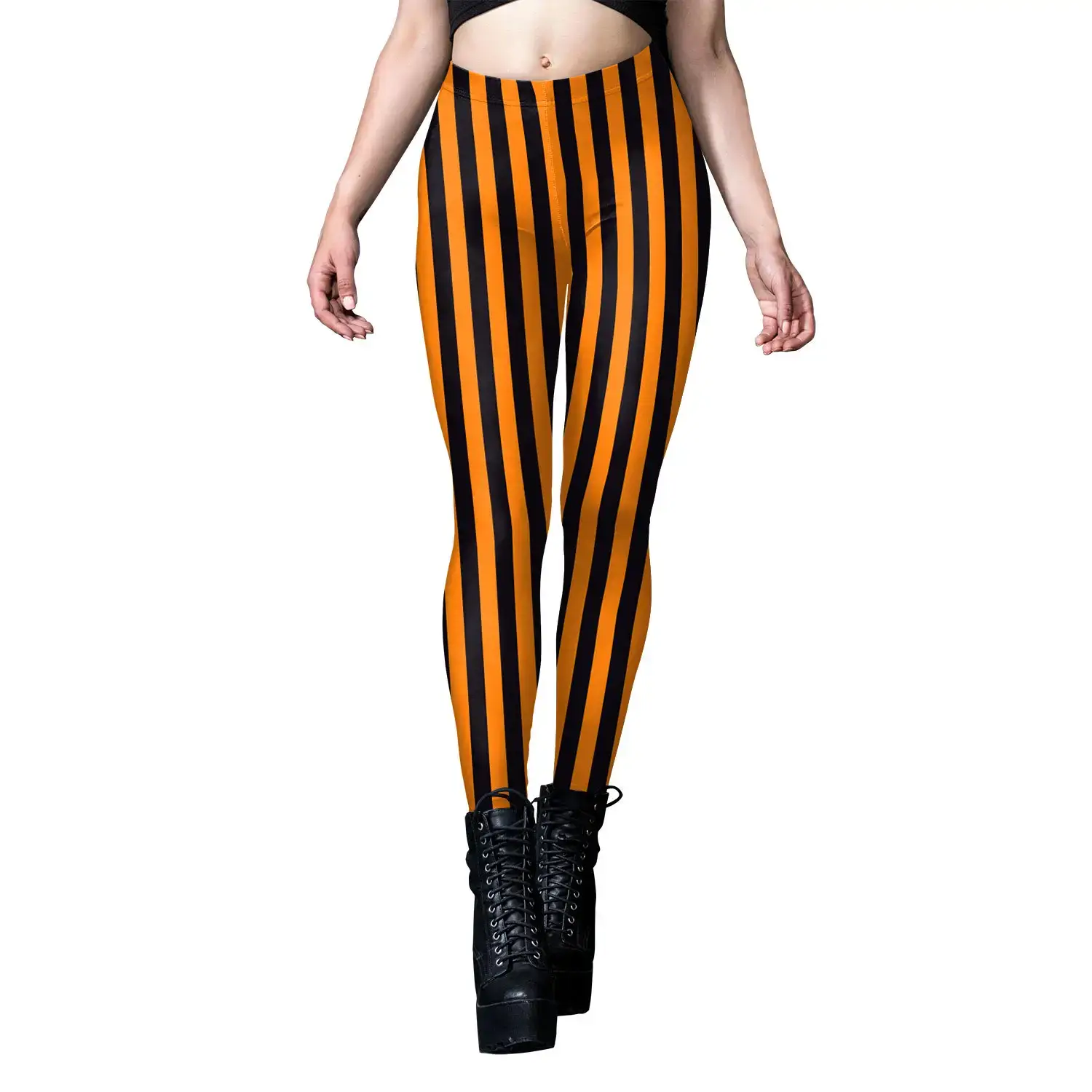 Women's Orange Black Striped Yoga Leggings with Boot - Image 5