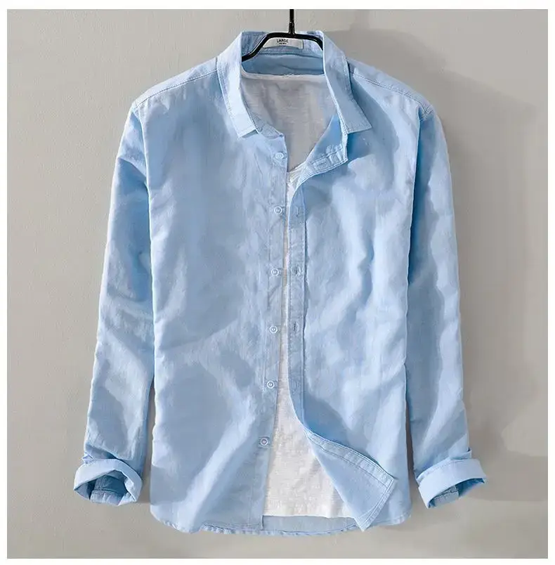 Men Light Blue Linen Button Shirt with Elastic Collar — feature 17