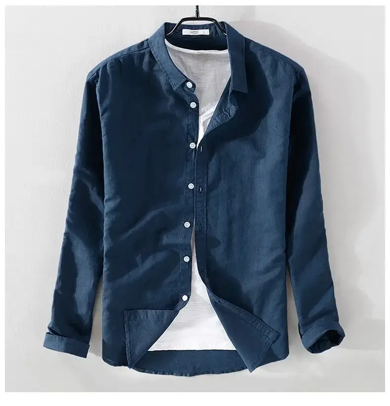 Men Light Blue Linen Button Shirt with Elastic Collar — feature 18