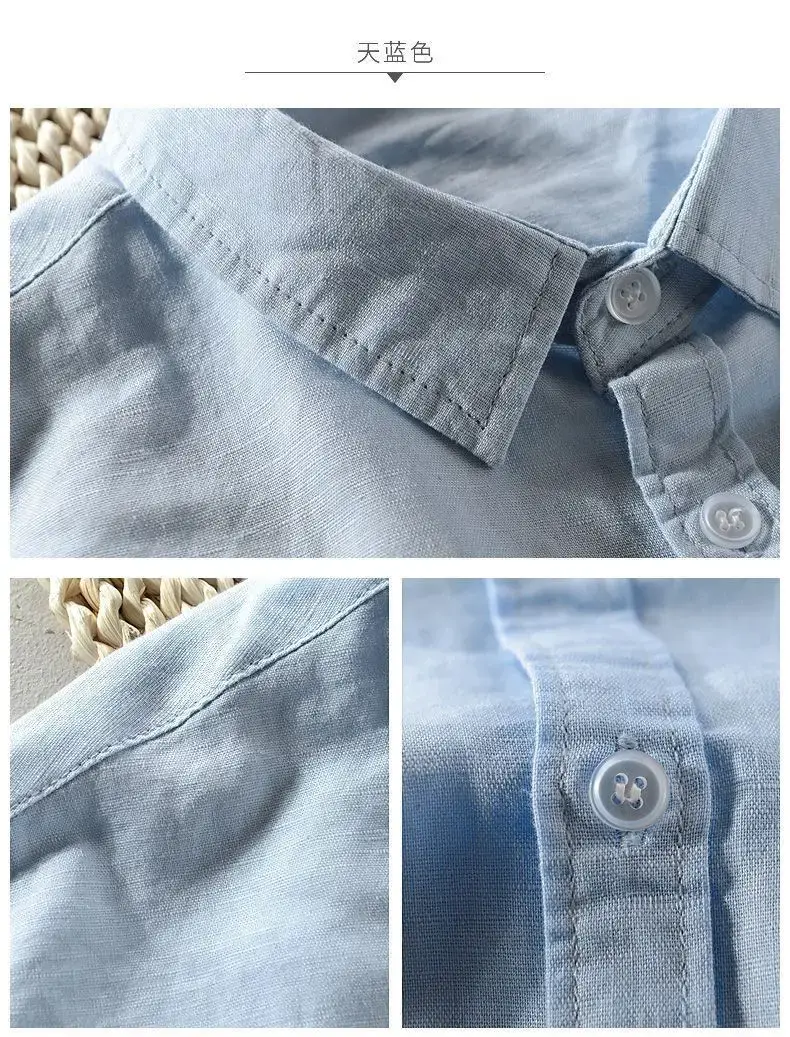 Men Light Blue Linen Button Shirt with Elastic Collar — feature 27