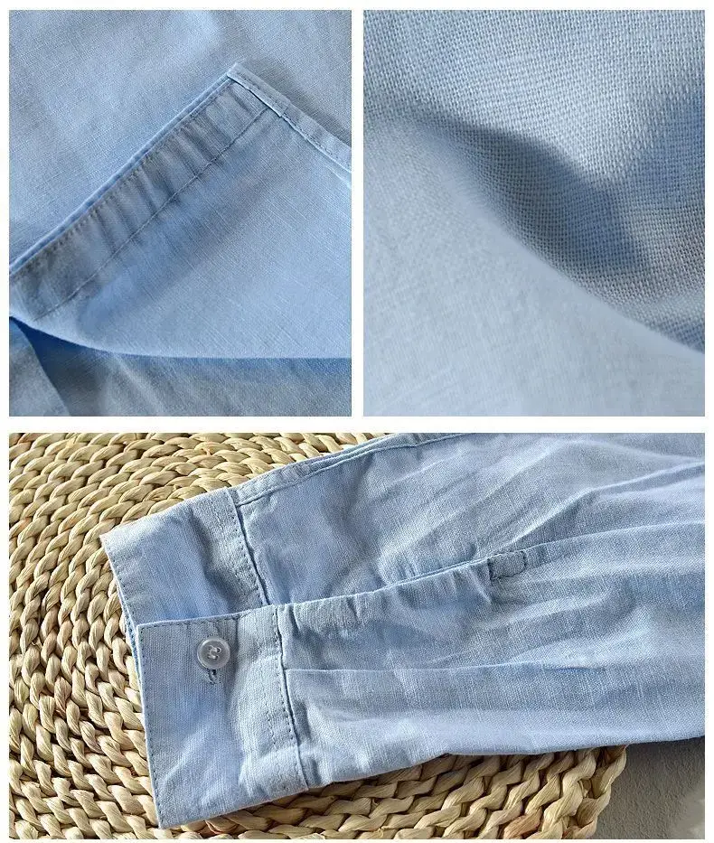Men Light Blue Linen Button Shirt with Elastic Collar — feature 28