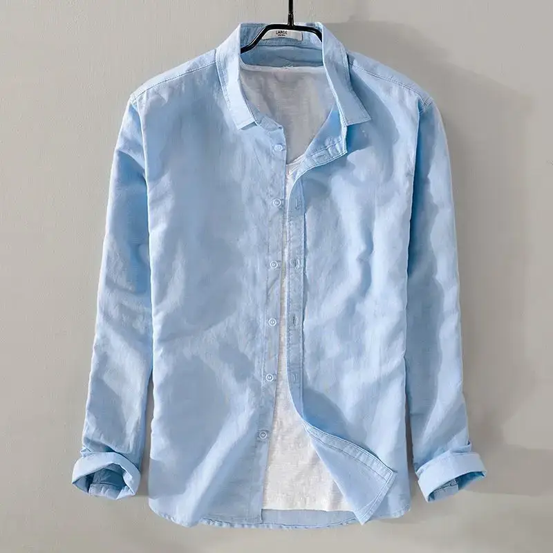 Men Light Blue Linen Button Shirt with Elastic Collar - Image 2