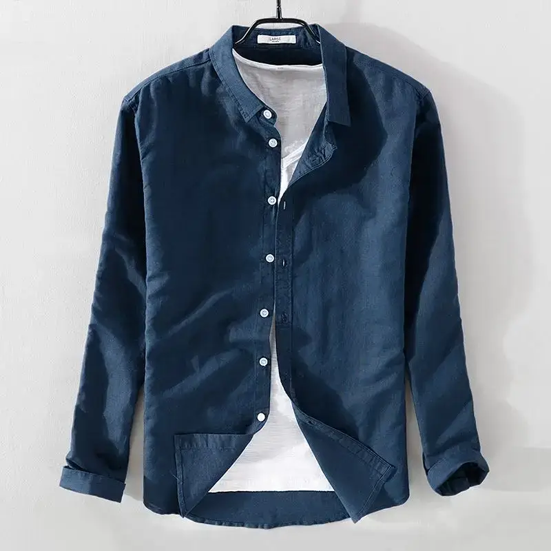 Men Light Blue Linen Button Shirt with Elastic Collar - Image 3