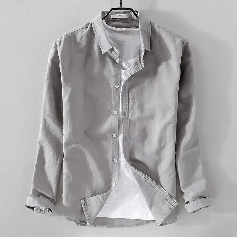 Men Light Blue Linen Button Shirt with Elastic Collar - Image 4