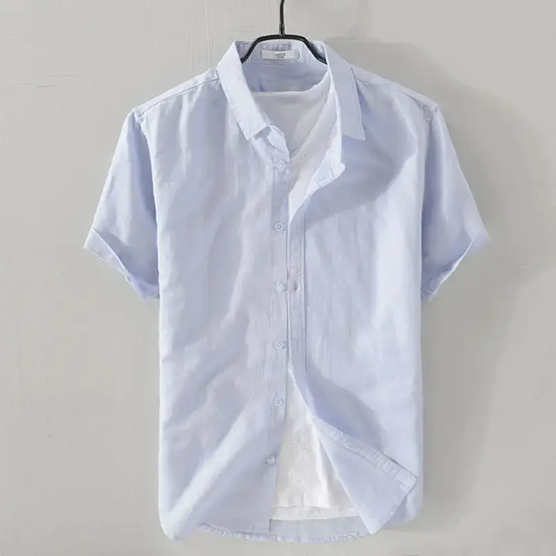 Men Light Blue Linen Button Shirt with Elastic Collar - Image 5