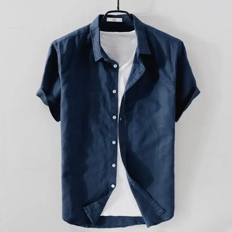 Men Light Blue Linen Button Shirt with Elastic Collar - Image 8