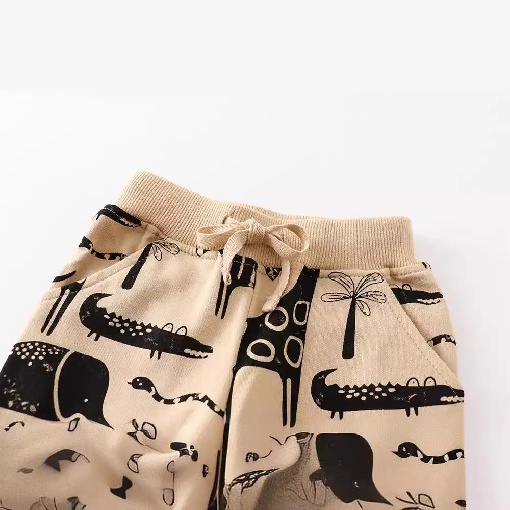 Kids Printed Cotton Terry Pants Beige Elephant Design - Image 2