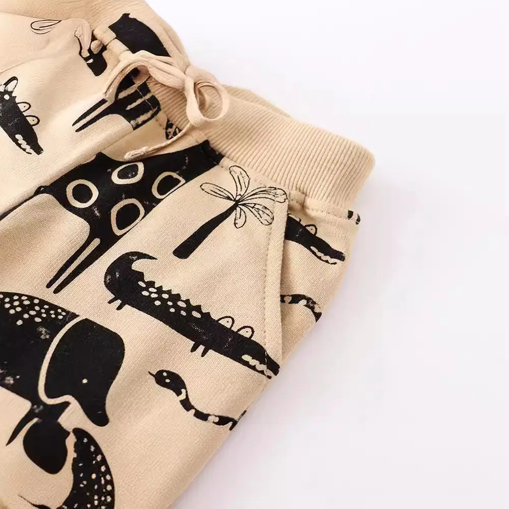 Kids Printed Cotton Terry Pants Beige Elephant Design - Image 3