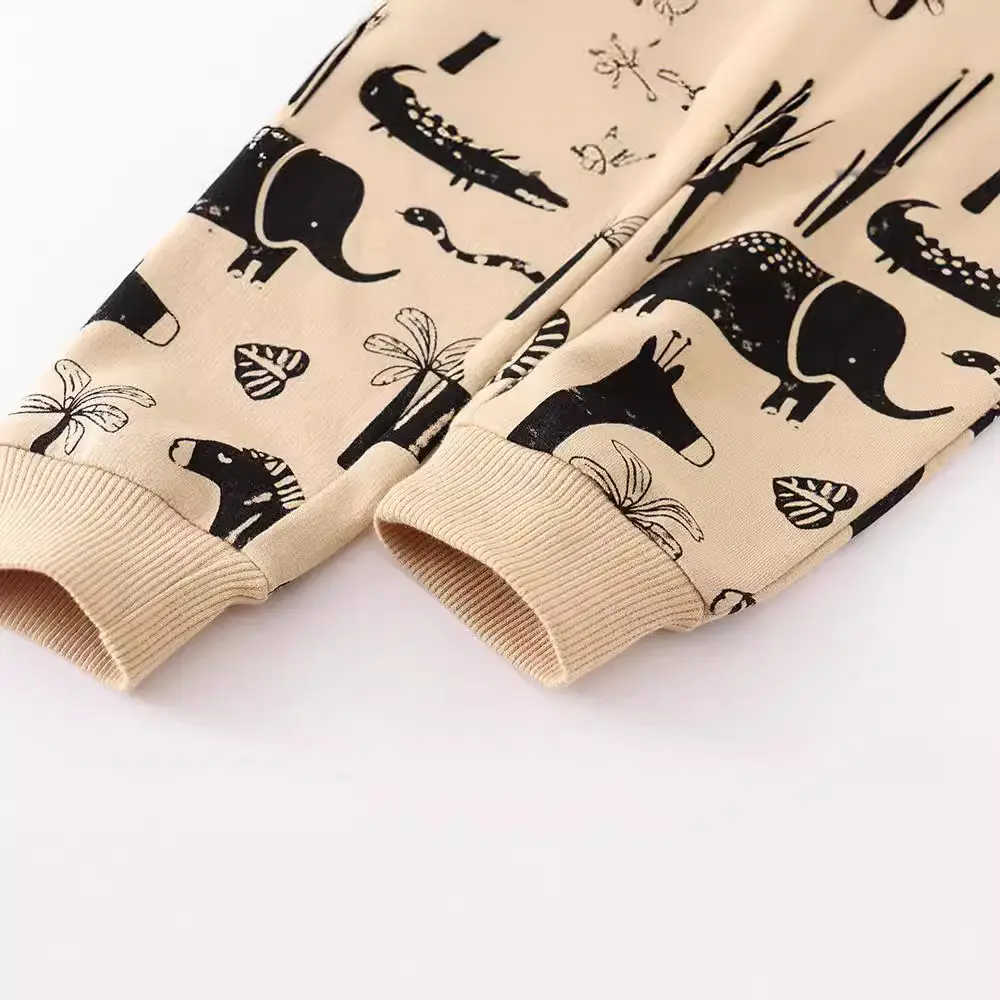 Kids Printed Cotton Terry Pants Beige Elephant Design - Image 4