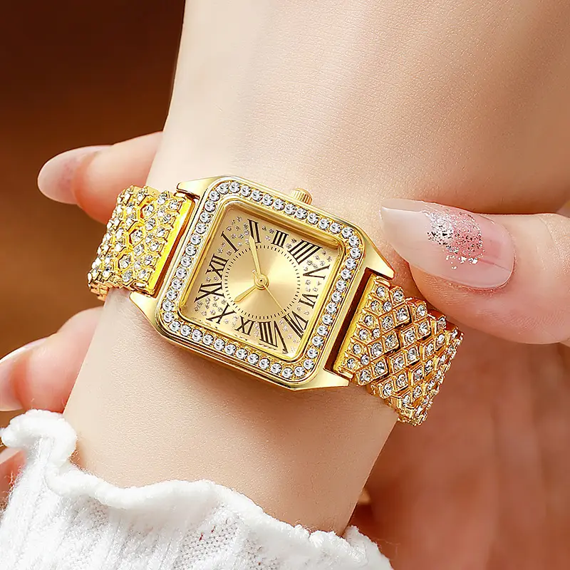 Women's Rose Gold Roman Numeral Diamond Strap Watch — feature 1