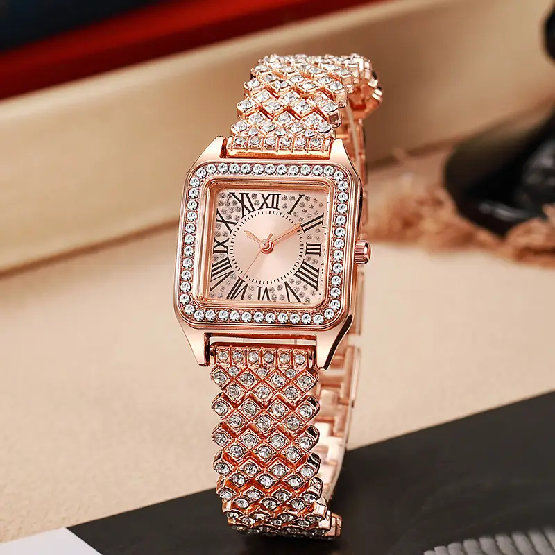 Women's Rose Gold Roman Numeral Diamond Strap Watch — feature 3