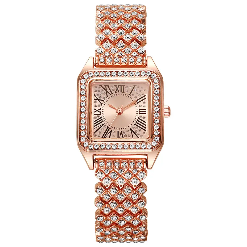 Women's Rose Gold Roman Numeral Diamond Strap Watch — feature 4