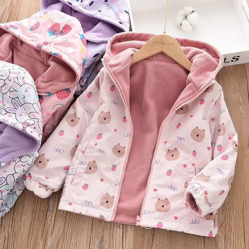 Girls' Fleece-Lined Jacket for Early Spring, New Reversible 2024 Spring and Autumn Hooded Style