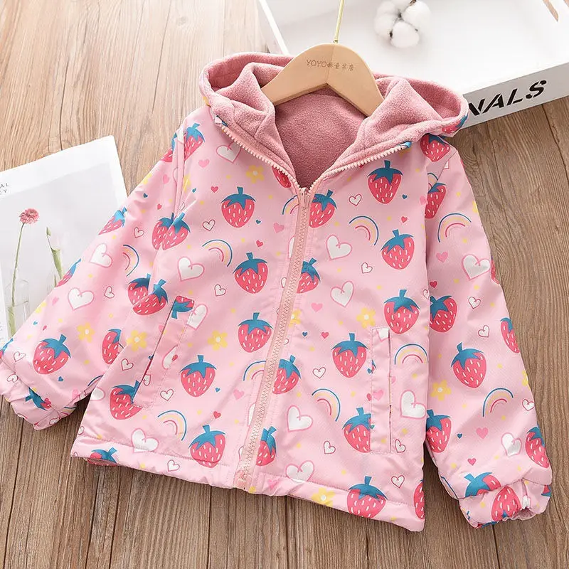 Girls' Fleece-Lined Jacket for Early Spring, New Reversible 2024 Spring and Autumn Hooded Style