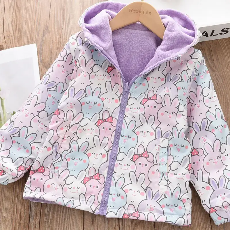 Girls' Fleece-Lined Jacket for Early Spring, New Reversible 2024 Spring and Autumn Hooded Style