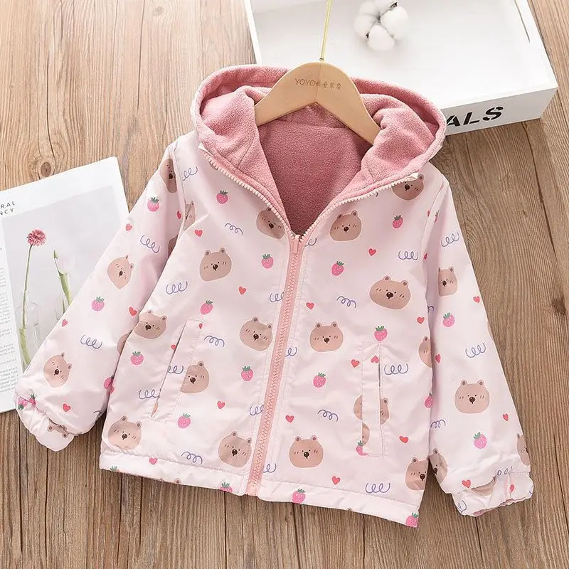 Girls' Fleece-Lined Jacket for Early Spring, New Reversible 2024 Spring and Autumn Hooded Style