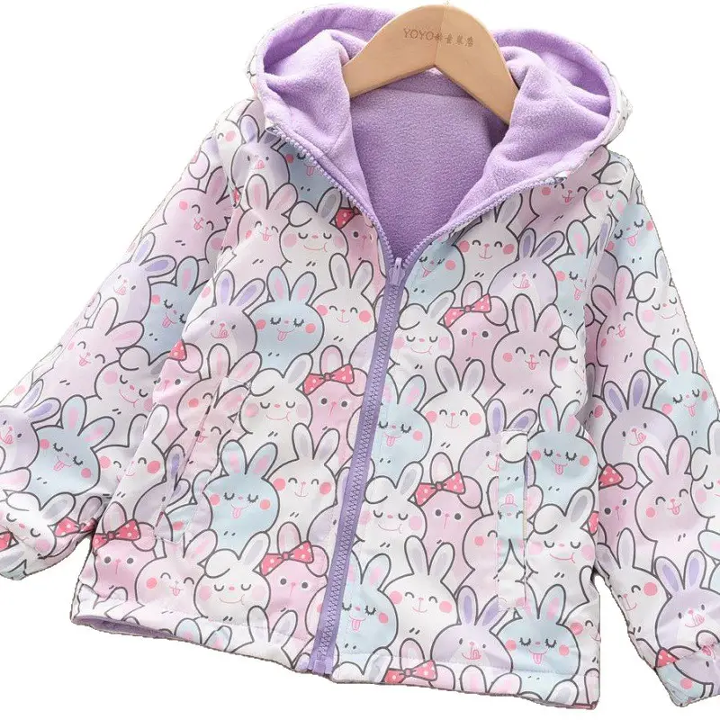 Girls' Fleece-Lined Jacket for Early Spring, New Reversible 2024 Spring and Autumn Hooded Style