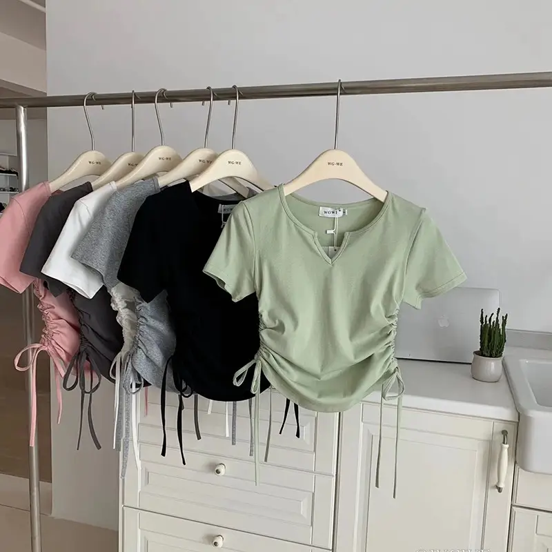 Women Drawstring V-Neck T-Shirt Grey 2024 Summer - Image 7