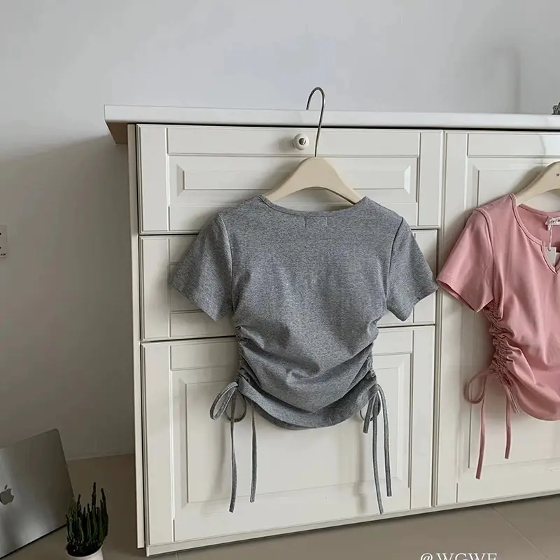 Women Drawstring V-Neck T-Shirt Grey 2024 Summer - Image 9