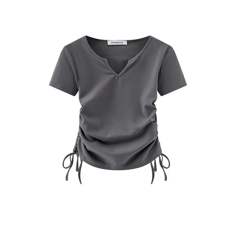 Women Drawstring V-Neck T-Shirt Grey 2024 Summer - Image 11