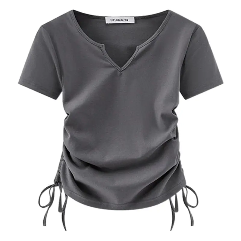 Women Drawstring V-Neck T-Shirt Grey 2024 Summer