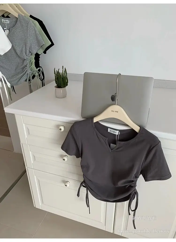 Women Drawstring V-Neck T-Shirt Grey 2024 Summer — feature 4