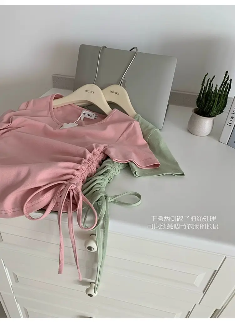 Women Drawstring V-Neck T-Shirt Grey 2024 Summer — feature 5