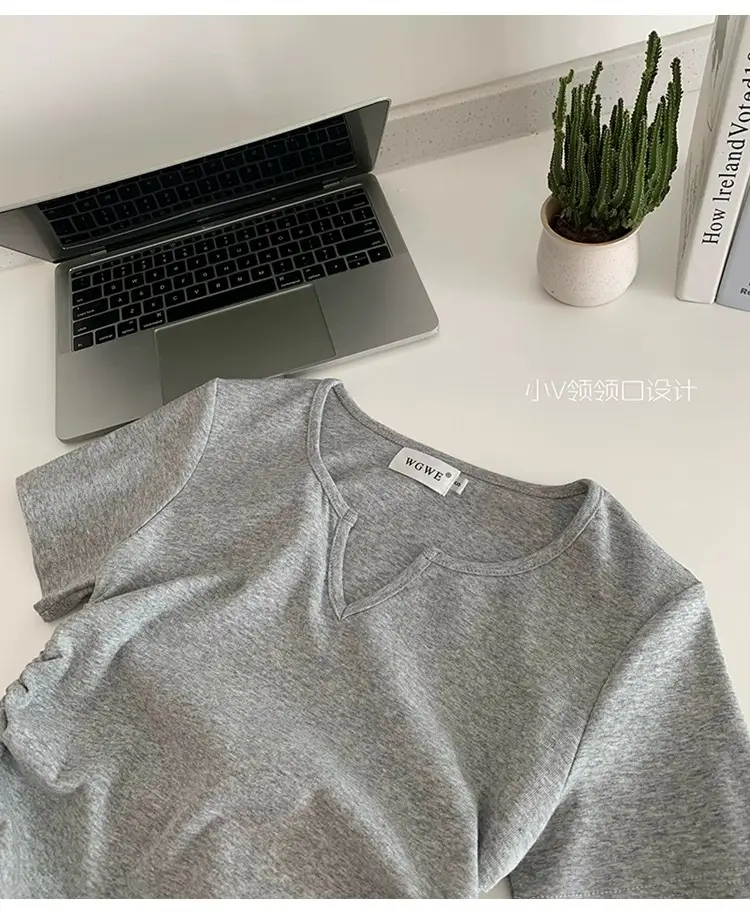 Women Drawstring V-Neck T-Shirt Grey 2024 Summer — feature 6