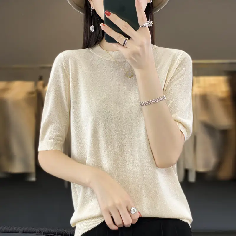 Women Green Knitted Short Sleeve T-Shirt Loose Crewneck - Image 11
