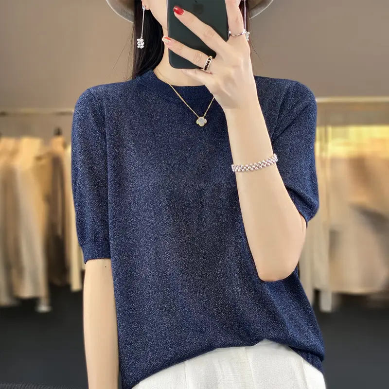 Women Green Knitted Short Sleeve T-Shirt Loose Crewneck - Image 12