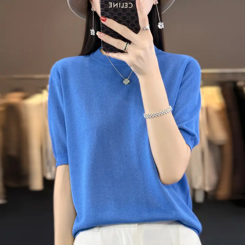 Women Green Knitted Short Sleeve T-Shirt Loose Crewneck - Image 13