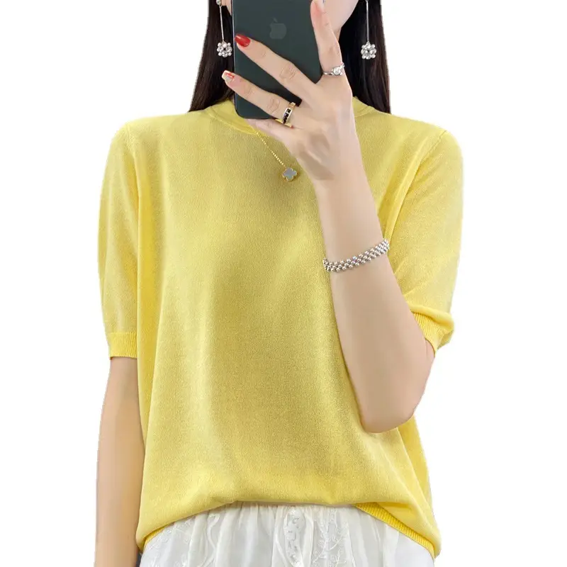 Women Green Knitted Short Sleeve T-Shirt Loose Crewneck - Image 14
