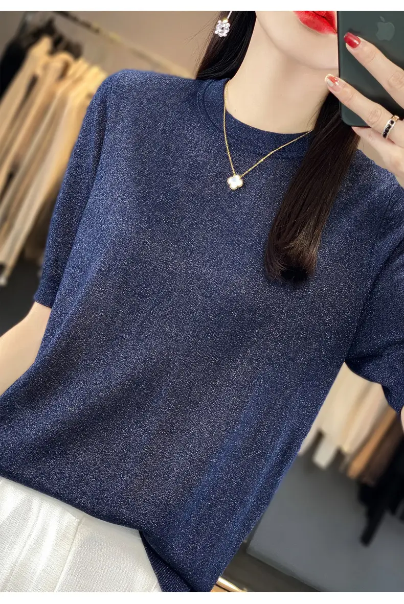 Women Green Knitted Short Sleeve T-Shirt Loose Crewneck — feature 29