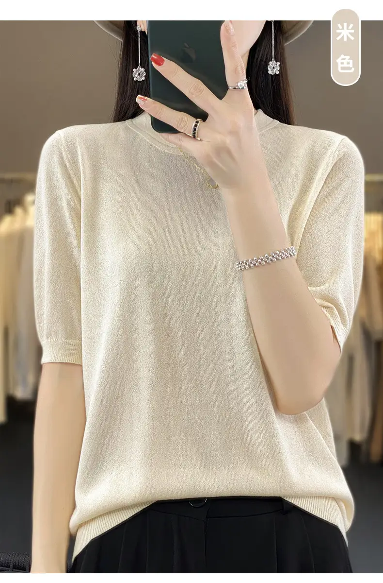 Women Green Knitted Short Sleeve T-Shirt Loose Crewneck — feature 31