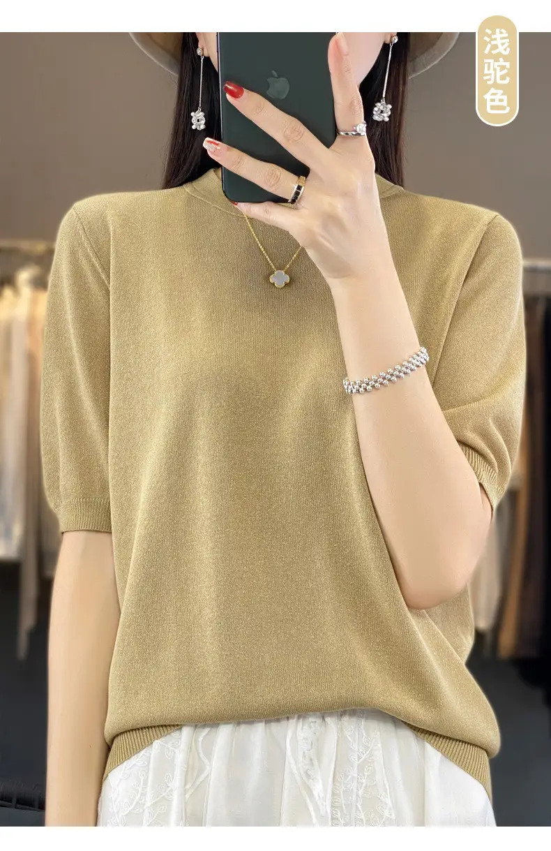 Women Green Knitted Short Sleeve T-Shirt Loose Crewneck — feature 33