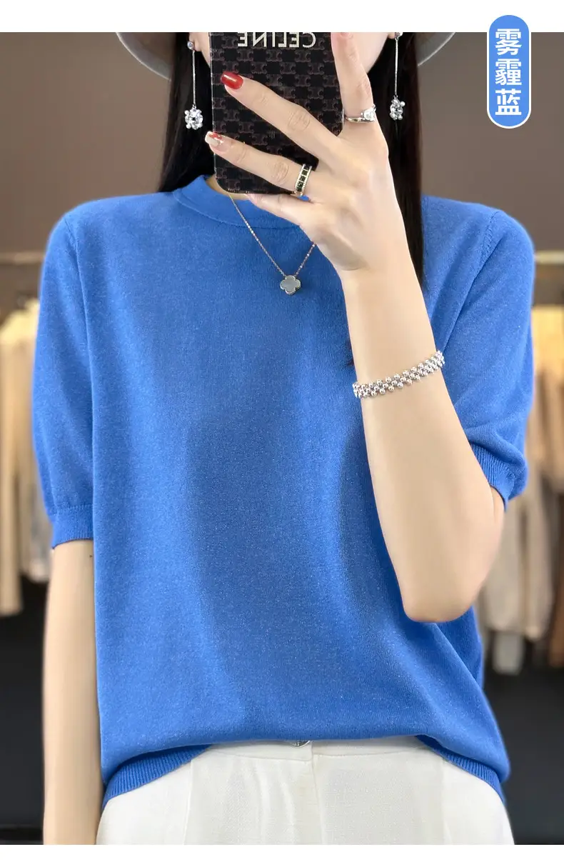 Women Green Knitted Short Sleeve T-Shirt Loose Crewneck — feature 35