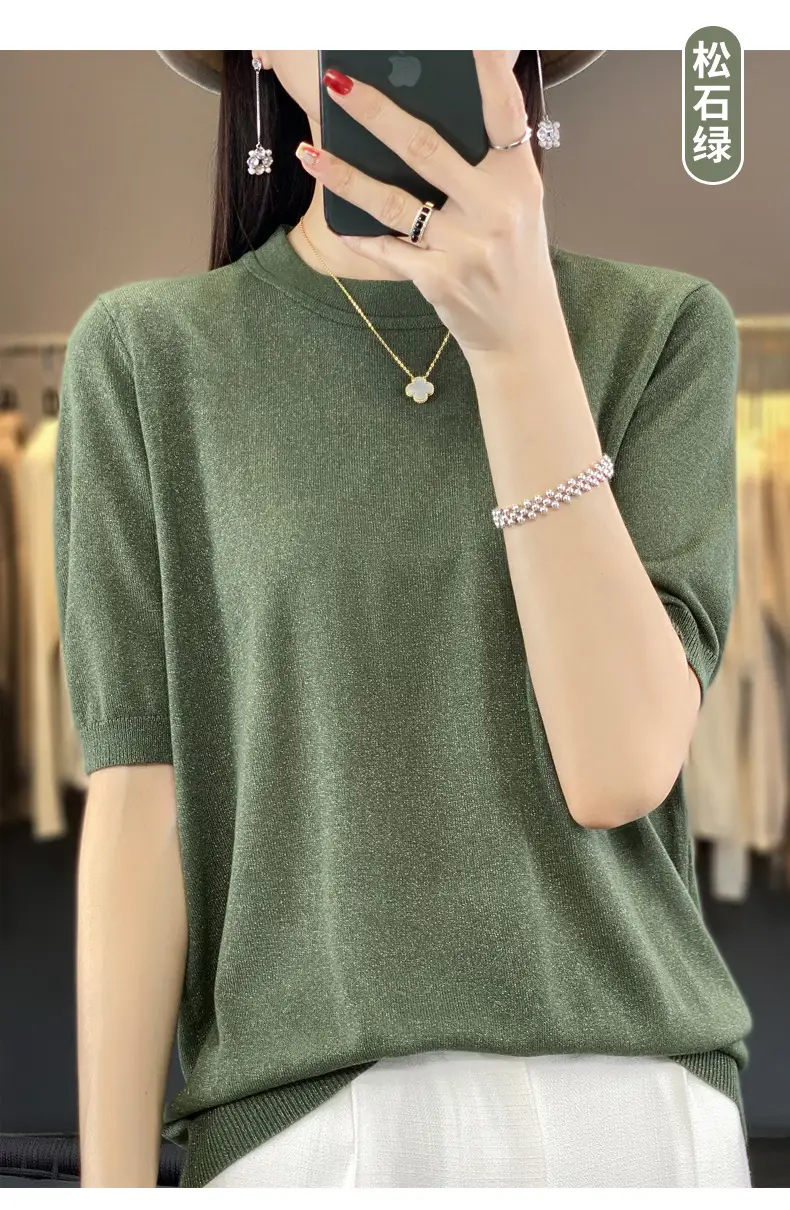 Women Green Knitted Short Sleeve T-Shirt Loose Crewneck — feature 37