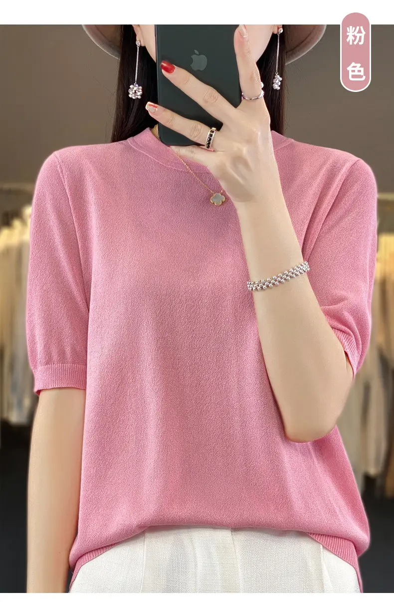 Women Green Knitted Short Sleeve T-Shirt Loose Crewneck — feature 41