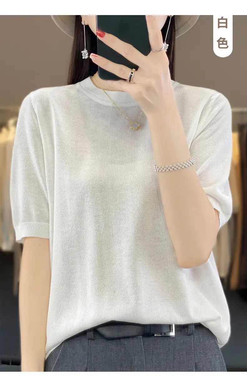 Women Green Knitted Short Sleeve T-Shirt Loose Crewneck — feature 43