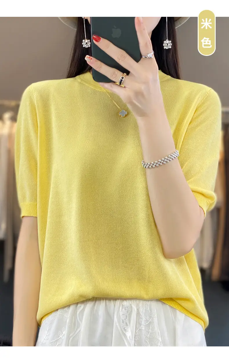 Women Green Knitted Short Sleeve T-Shirt Loose Crewneck — feature 45