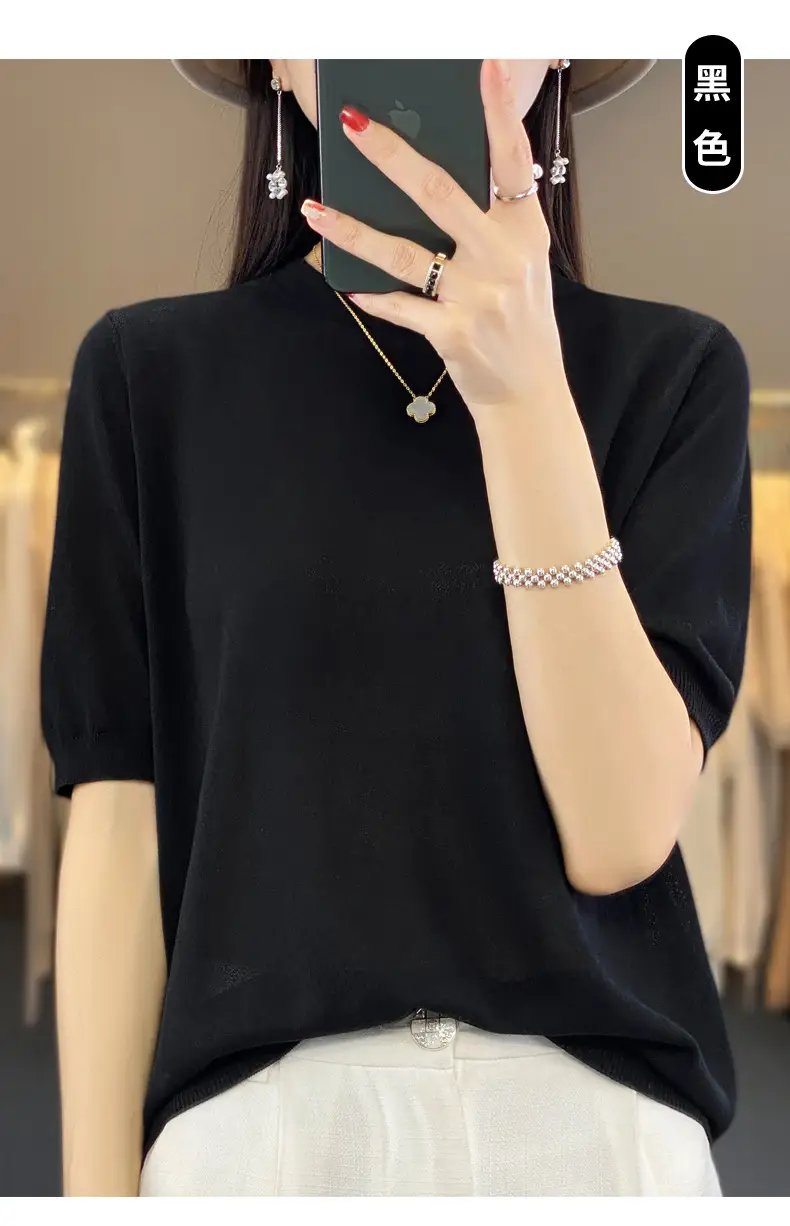 Women Green Knitted Short Sleeve T-Shirt Loose Crewneck — feature 47