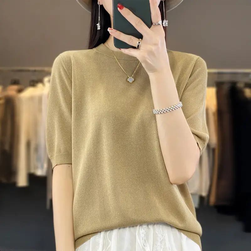 Women Green Knitted Short Sleeve T-Shirt Loose Crewneck - Image 3