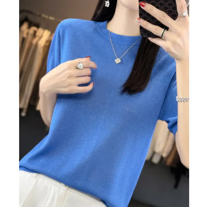 Women Green Knitted Short Sleeve T-Shirt Loose Crewneck - Image 4