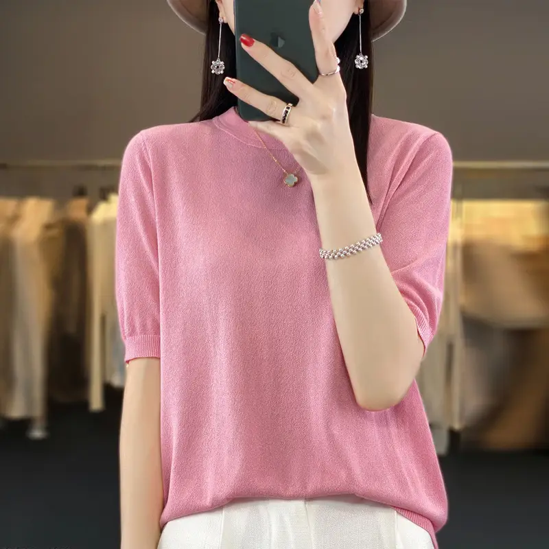 Women Green Knitted Short Sleeve T-Shirt Loose Crewneck - Image 5