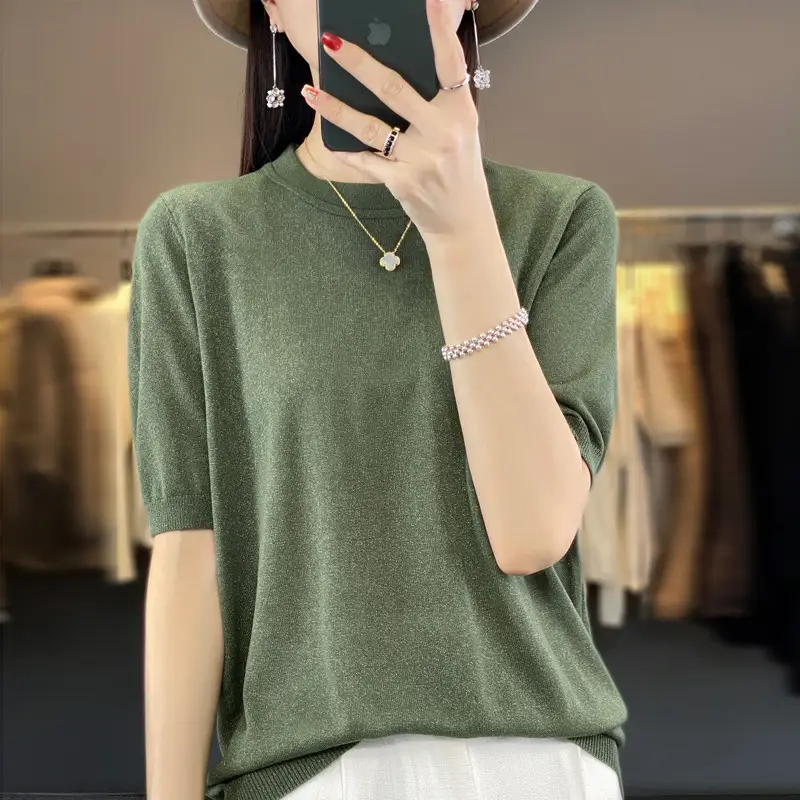 Women Green Knitted Short Sleeve T-Shirt Loose Crewneck - Image 6